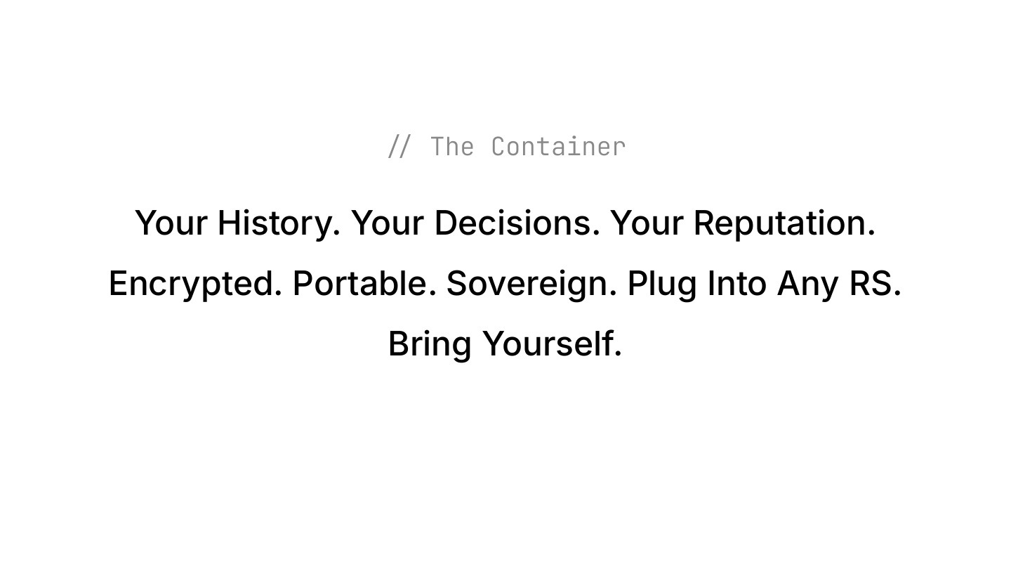 The container: your history, decisions, reputation, encrypted, portable, sovereign